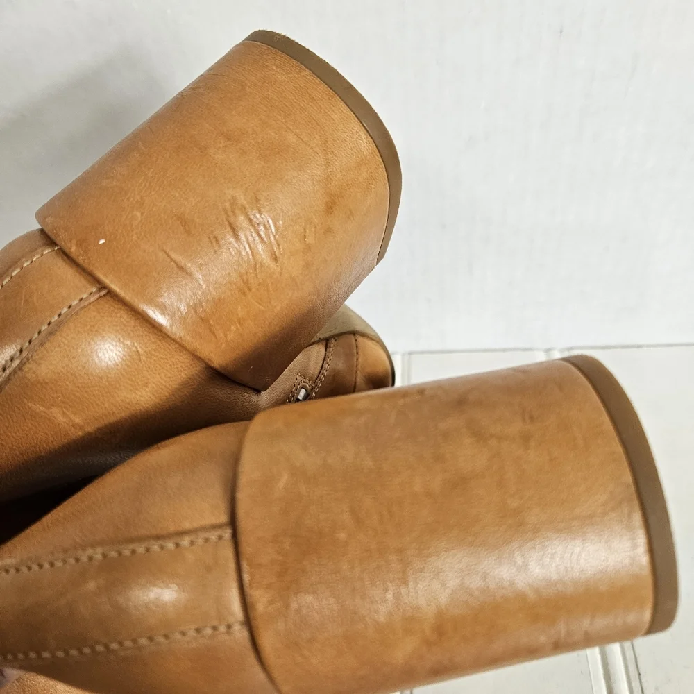 Free People Boots 39 Sienna Leather Square Toe Block Heel Cognac Brown Boho Chic